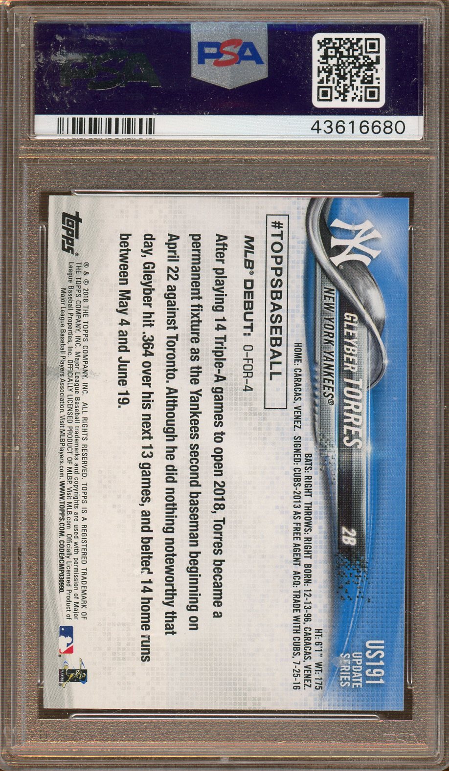 Topps - Update Series - Rainbow Foil - Gleyber Torres - 2018 - PSA 9