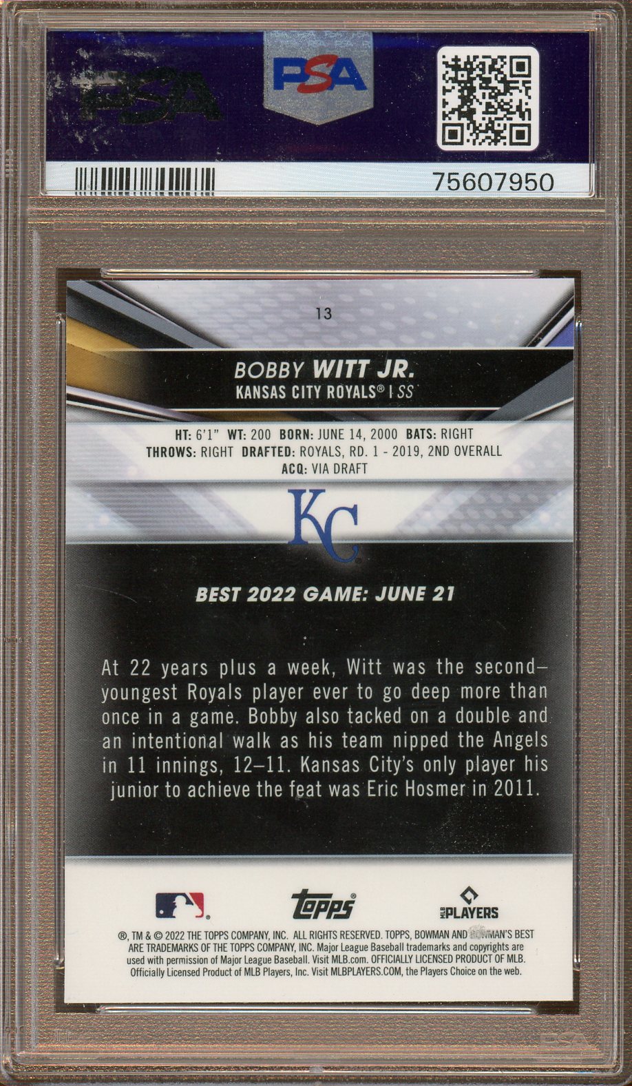 Topps - Bowman's Best - Atomic Refractor - Bobby Witt Jr. - 2022 - PSA 10