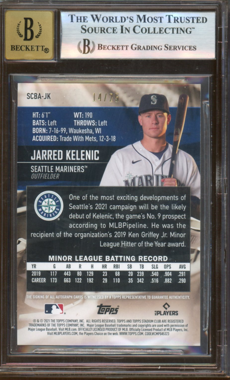 Topps - Stadium Club - Black Foil Auto - Jarred Kelenic - 2021 - BGS 8.5 Auto 10