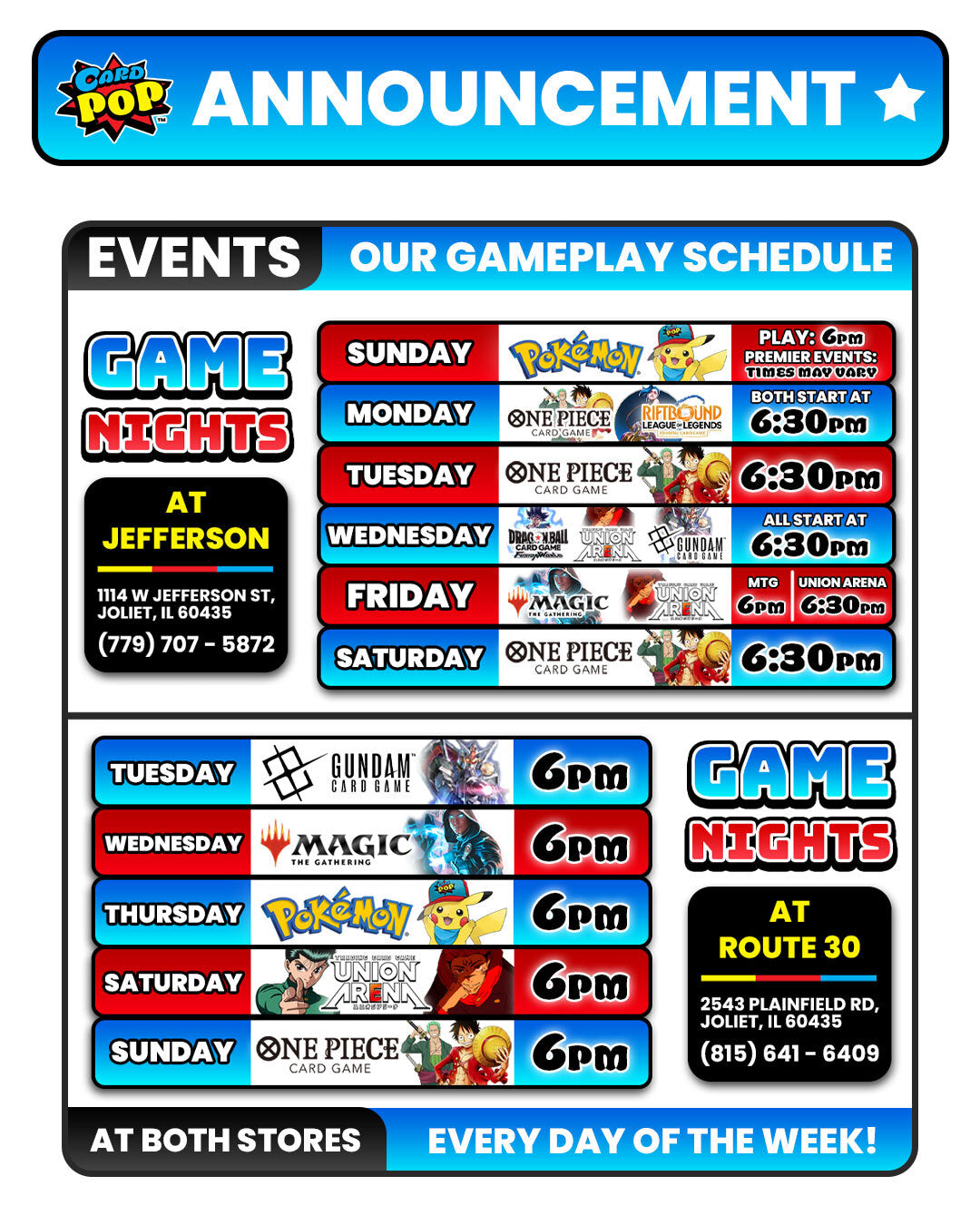 Card Pop weekly game night schedule for the Jefferson and Route 30 stores in Joliet IL