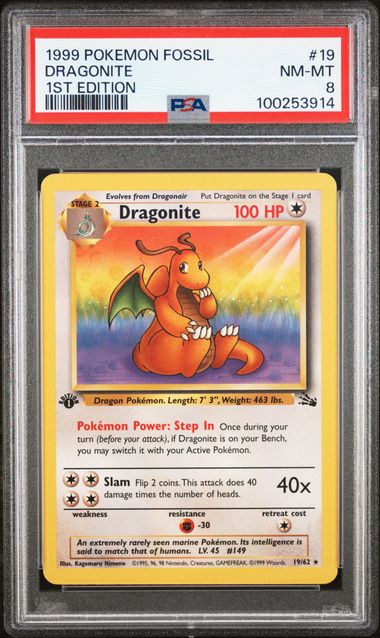 Pokemon - Fossil - 1st Edition - Dragonite #19 - PSA NM-MT 8 - 1999