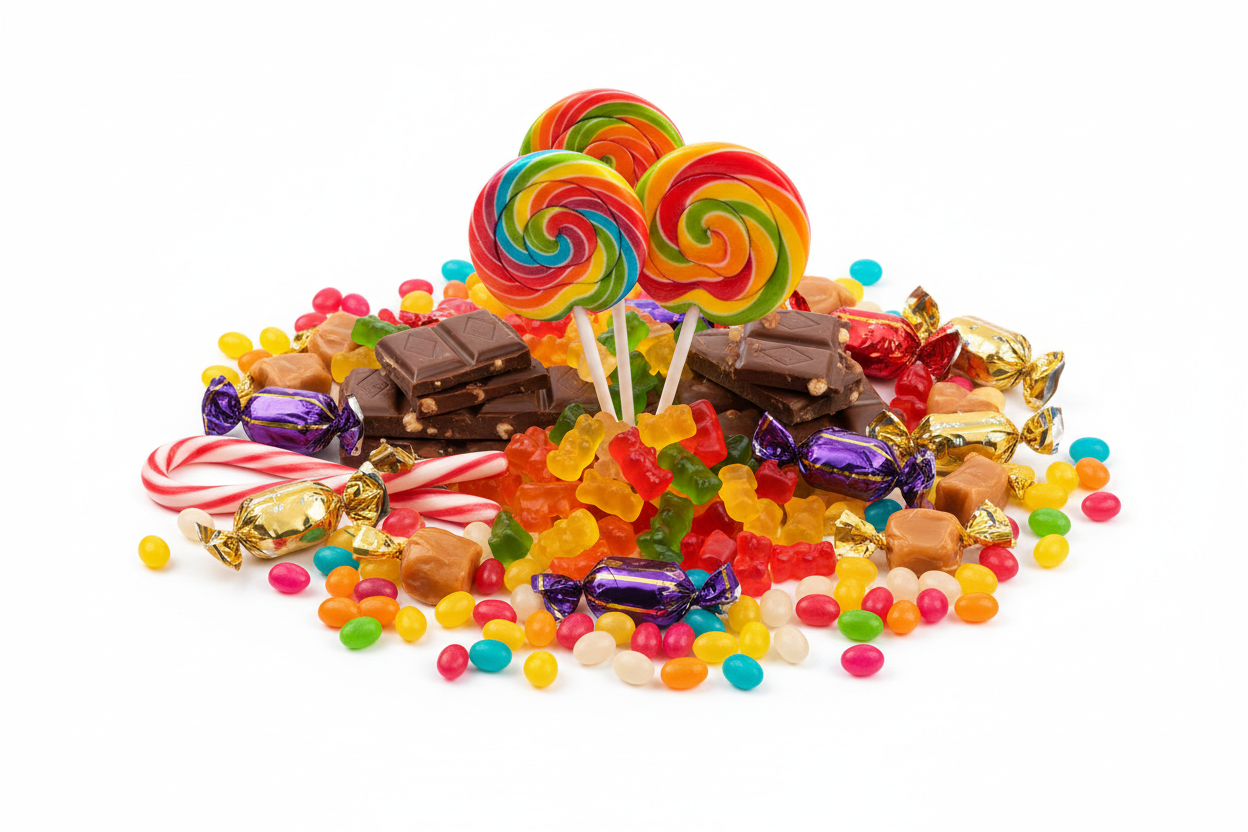 assorted types of candy with a white background