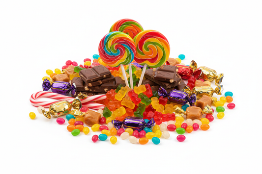 assorted types of candy with a white background