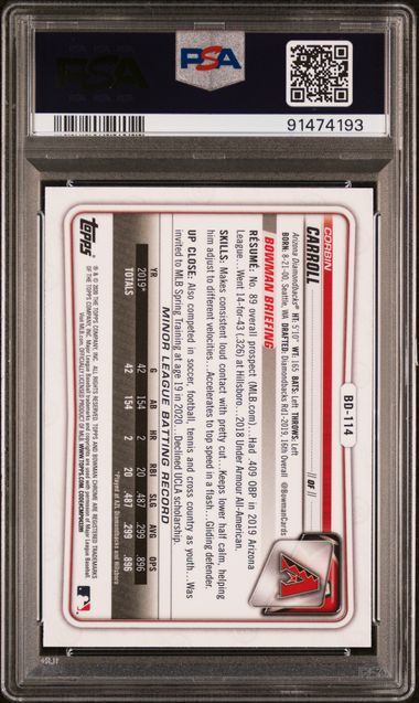 Topps - Bowman Sapphire - Corbin Carrol #BD114 - PSA Gem Mint 10 - 2020