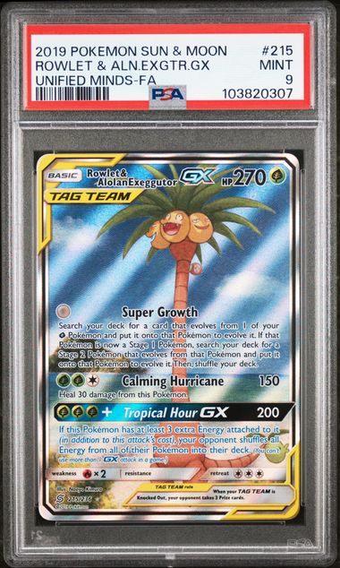 Pokemon - Unified Minds - Rowlet and Alolan Exeggutor GX FA #215 - 2019 - PSA 9