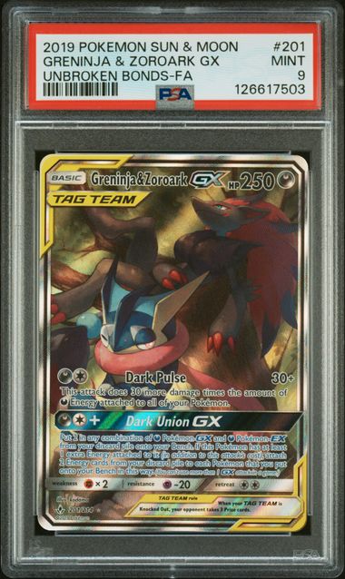 Pokemon - Umbroken Bonds - Greninja & Zoroark FA #201 - PSA Mint 9 - 2019