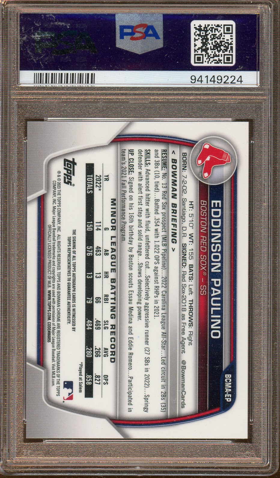 Topps - Bowman Chrome - Orange Auto - Eddison Paulino - 2023 - PSA 9