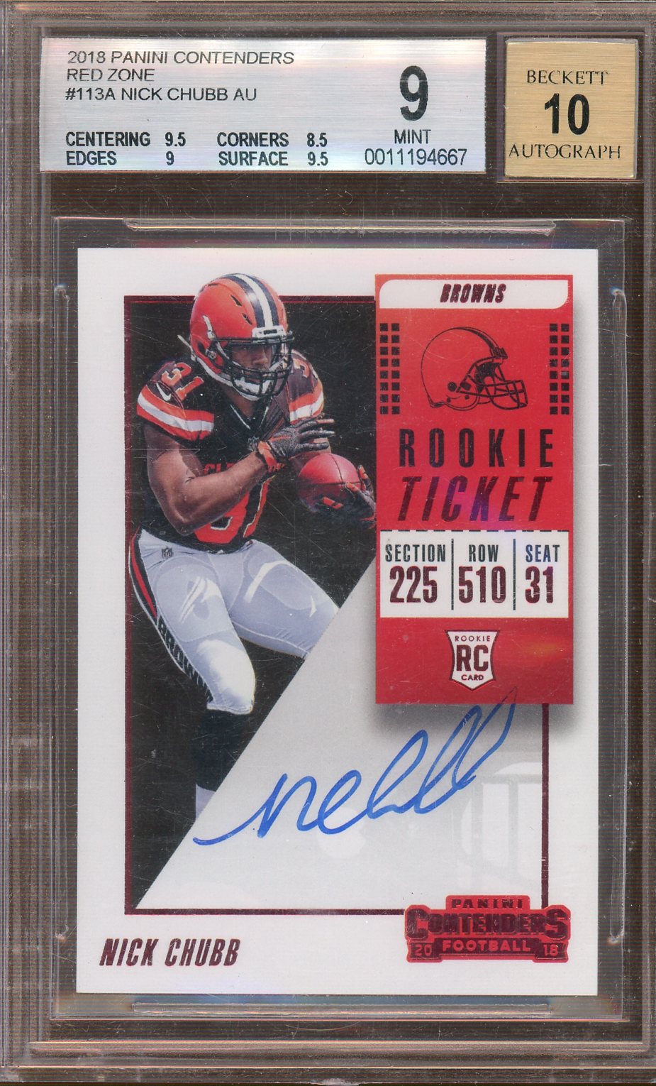Panini - Contenders - Red Zone - Nick Chubb #113A - 2018 - BGS 9 Auto 10