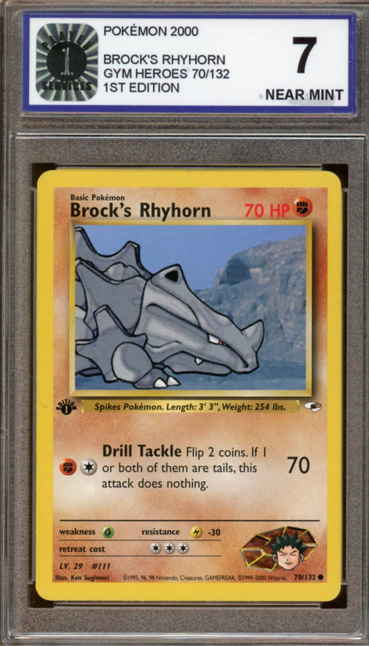 Player One Service - Near Mint 7 - Pokemon - 2000  - Gym Hero's - Brock's Rhyhorn - 1st Edition