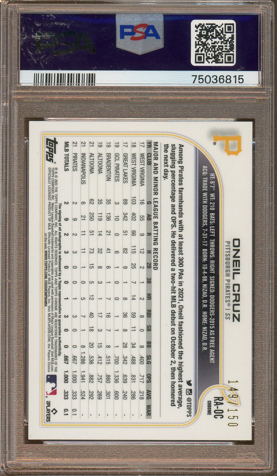 Topps - Chrome - Blue RayWave Refractor Auto /150 - Oneil Cruz - 2022 - PSA 9