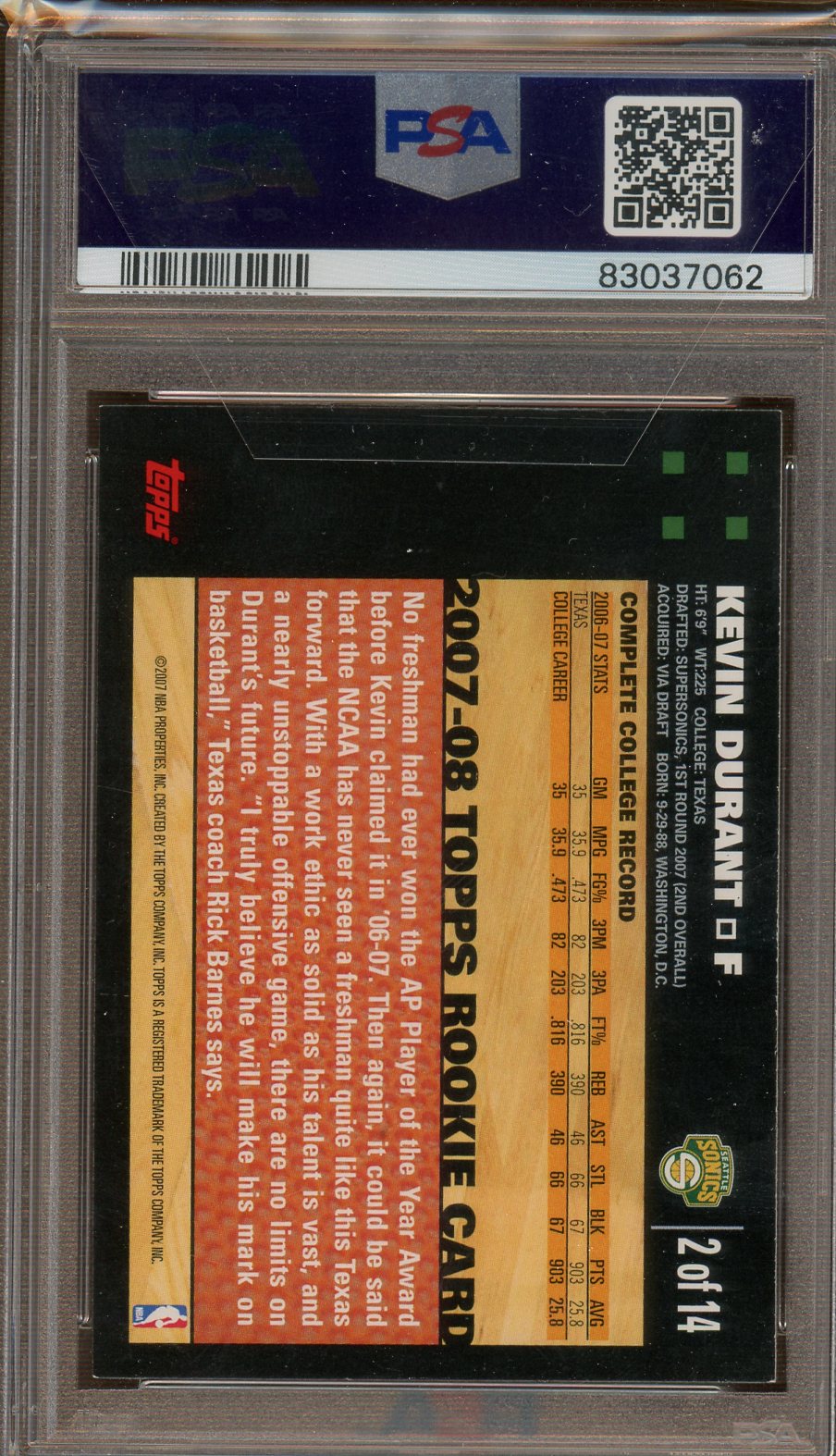 PSA - NM-MT 8 - 2007 - Topps - Rookie Card - Kevin Durant