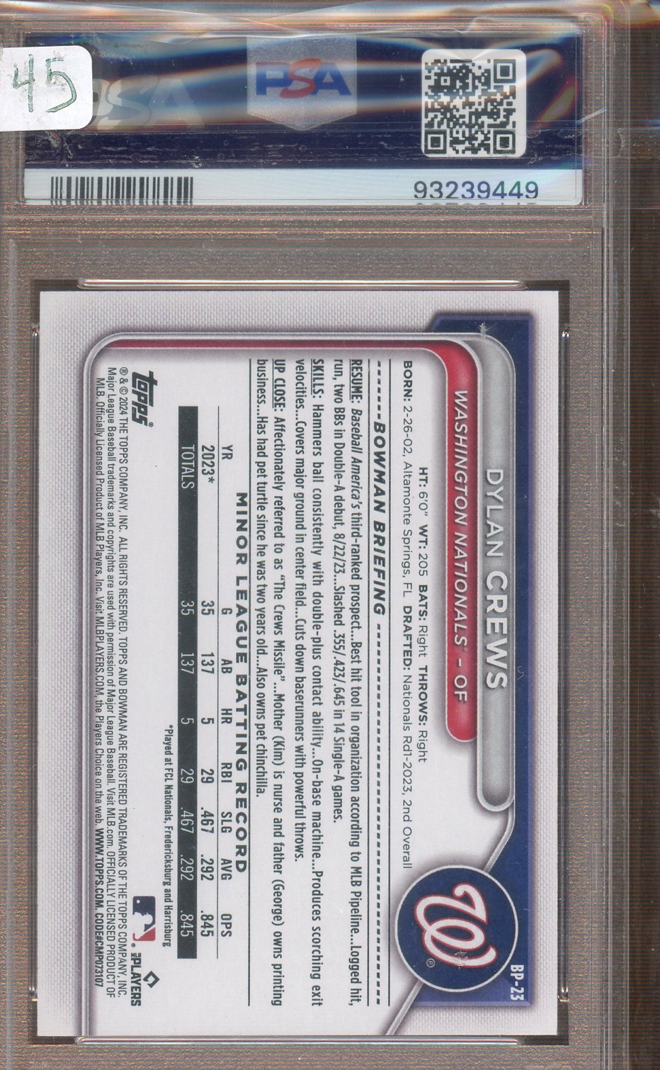 Topps - Bowman - Paper Prospects - Dylan Crews - 2024 - PSA 10