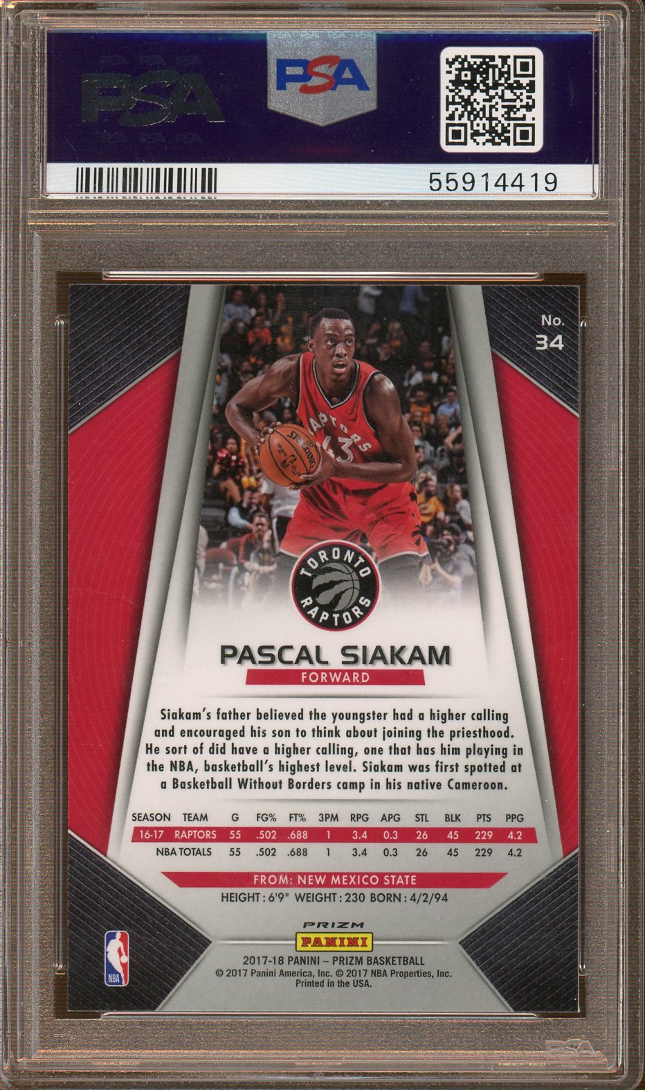 PSA - Mint 9 - 2017 - Panini Prizm - Pascal Siakam - Silver Prizm