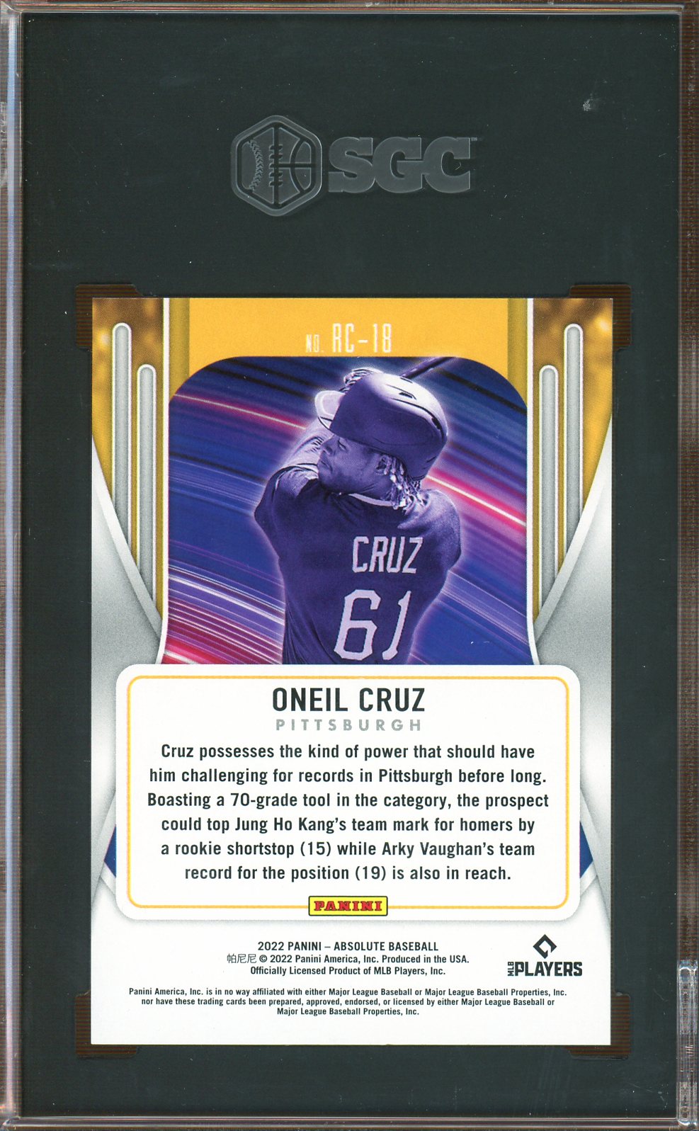 SGC 10 - 2022 Panini - Absolute Baseball - Rookie Class - Oneil Cruz - Spectrum Gold