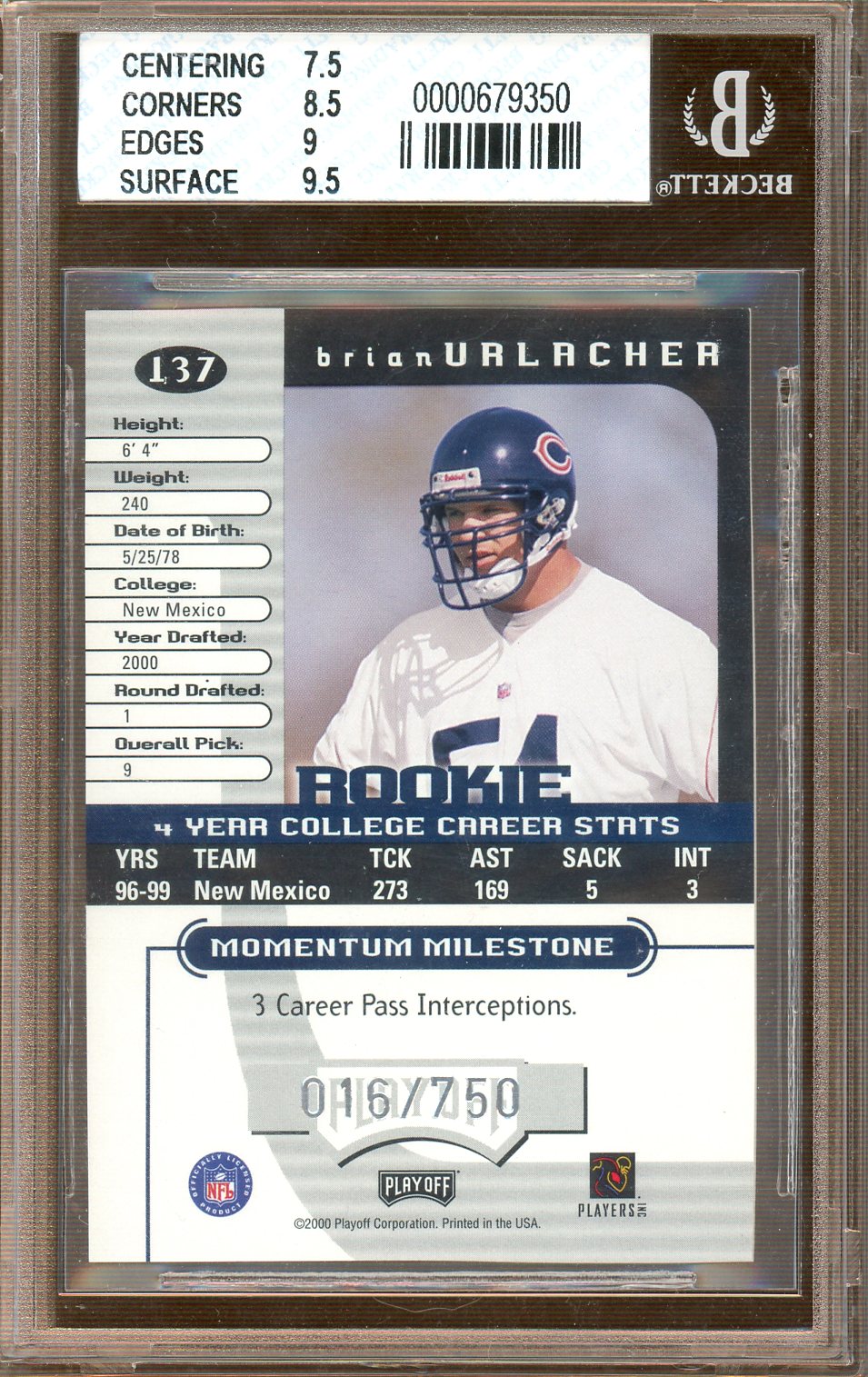 BECKETT - NM -MT- 8 - 2000 Playoff Prizm - Graded Series - Brian Urlacher - /750