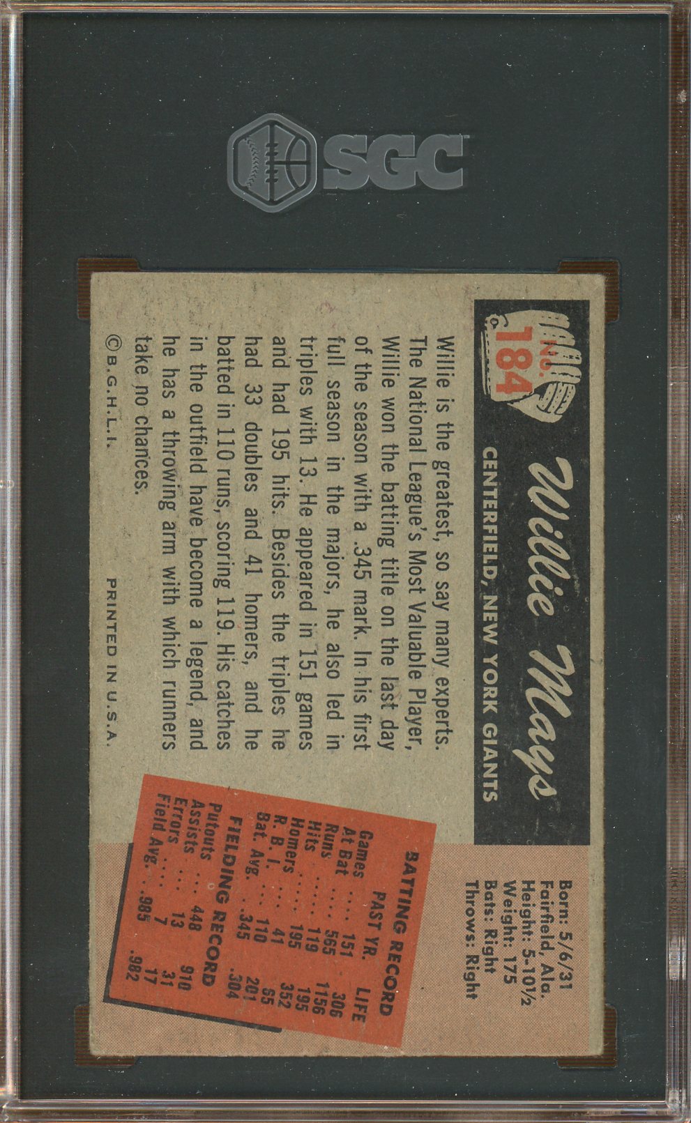 SGC 2 - 1955 Bowman - #184 Willie Mays