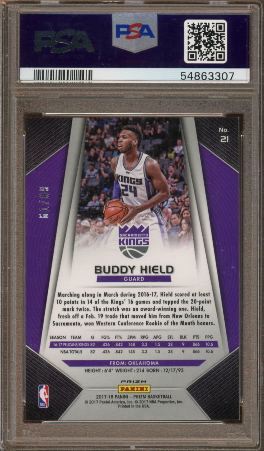 PSA Gem 10 - 2017 Panini Prizm - Buddy Hield - Blue Ice