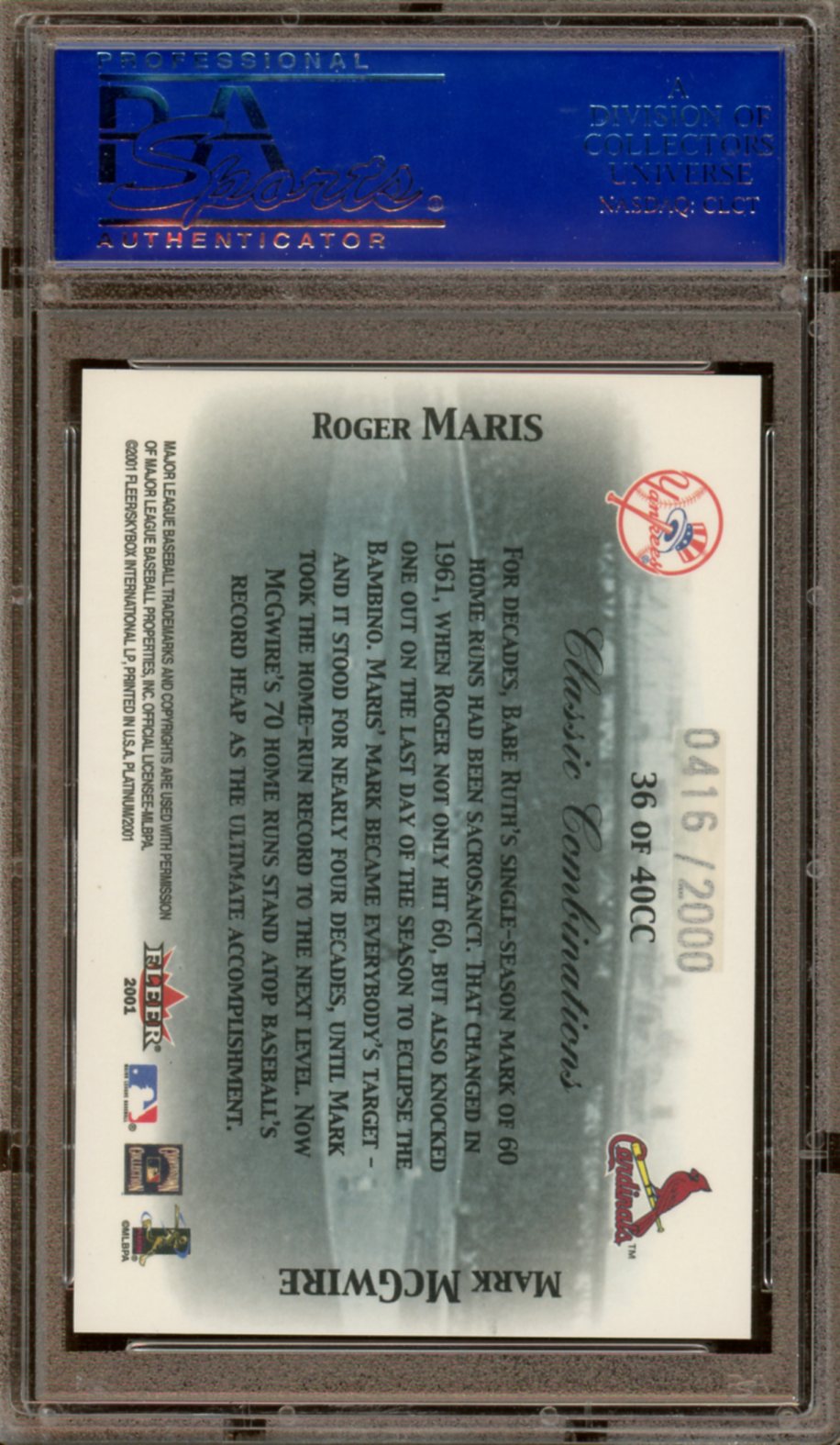 PSA Mint 9 - Fleer - Platinum - 2001 - Baseball - Roger Maris / Mark McGwire - Classic Combinations