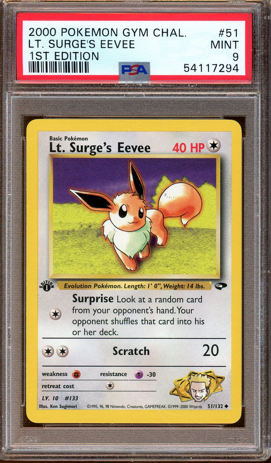 PSA -  MINT 9 - 2000 - Pokemon - Gym Challenge - Lt. Surge's Eevee - 1st Edition
