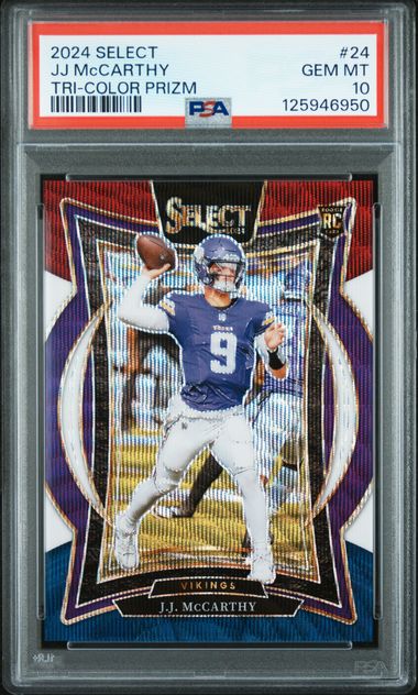 Panini - Select - JJ McCarthy Tri-Color Prizm Red/White/Purple/Blue #24 - 2024 - PSA 10