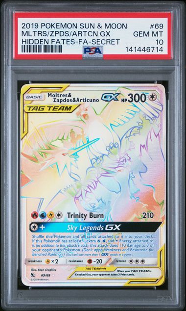 Pokemon - Hidden Fates - Moltres, Zapdos, Articuno GX FA Secret #69 - 2019 - PSA 10