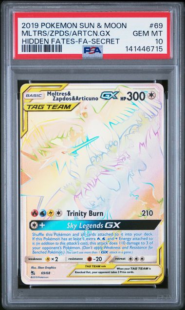 Pokemon - Hidden Fates - Moltres, Zapdos, Articuno GX FA Secret #69 - 2019 - PSA 10