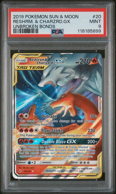 Pokemon - Unbroken Bonds - Reshiram and Charizard GX #20 - 2019 - PSA 9