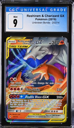 Pokemon - Unbroken Bonds - Reshiram & Charizard GX #20 - CGC Mint 9 - 2019