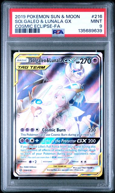 Pokemon - Cosmic Eclipse - Solgaleo and Lunala GX #216 - 2019 - PSA 9