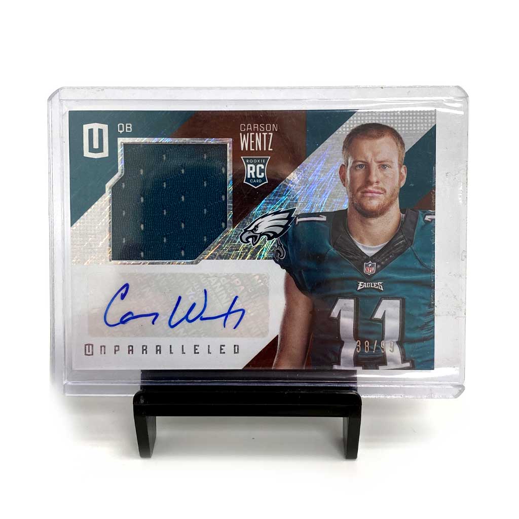 Picture of Panini - Unparalleled Football - Carson Wentz Autographed Rookie Card w player worn material 2016