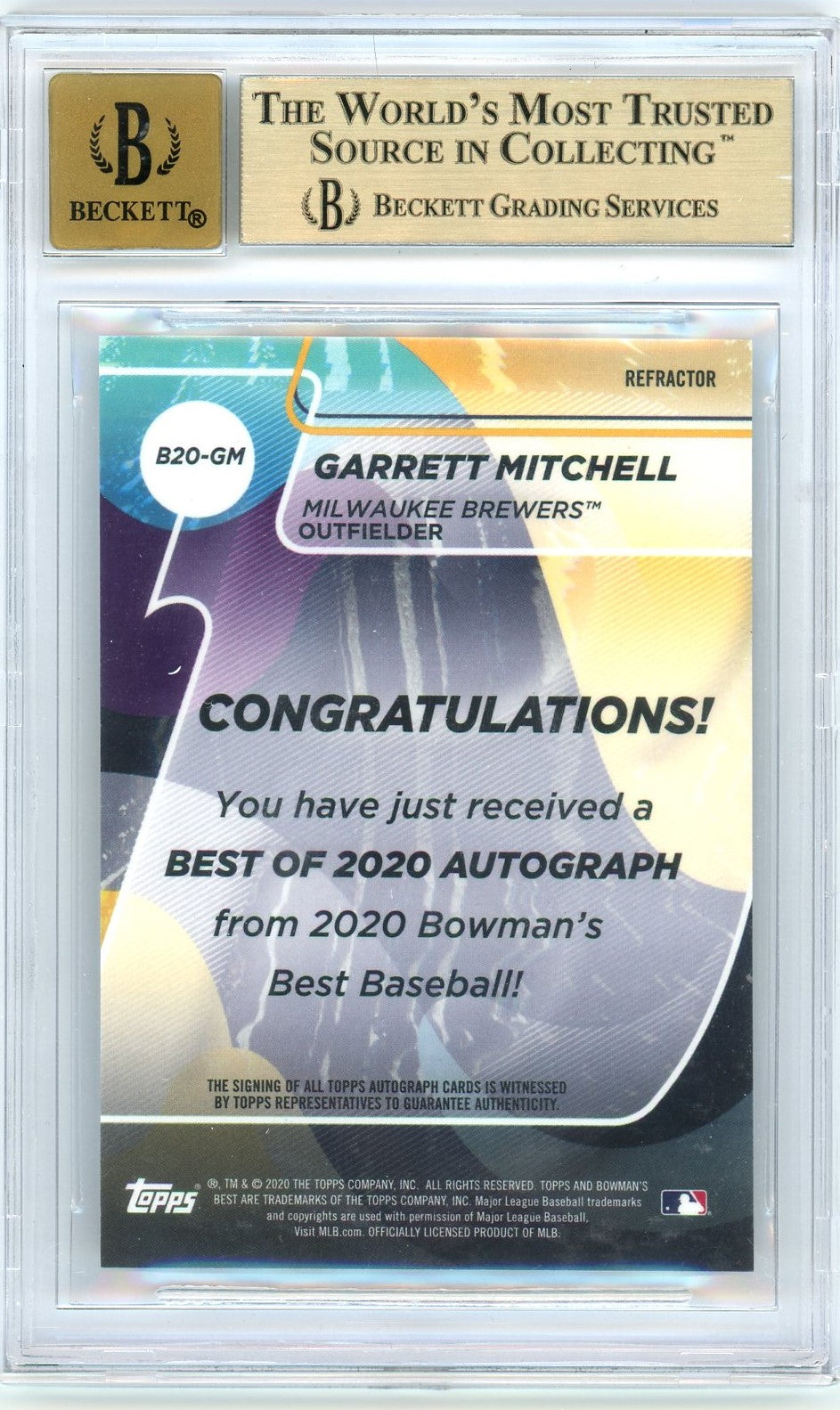 BGS 9.5 - Auto 10- 2020 Bowman's Best - Garrett Mitchell - Refractor - Best of '20 Autographs