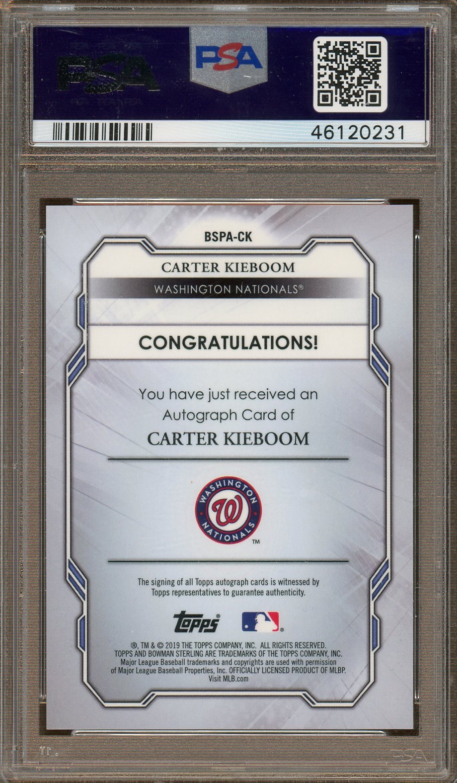 PSA - Mint 9 - 2019 - Bowman - Sterling - Carter Kieboom - Prospect Auto. - Sparkle