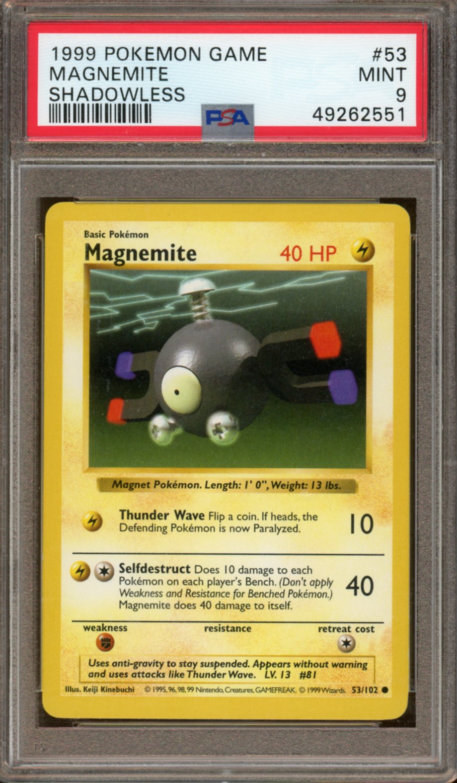 PSA Mint 9 - 1999 - Pokemon - Base Set - Magnemite (Shadowless)