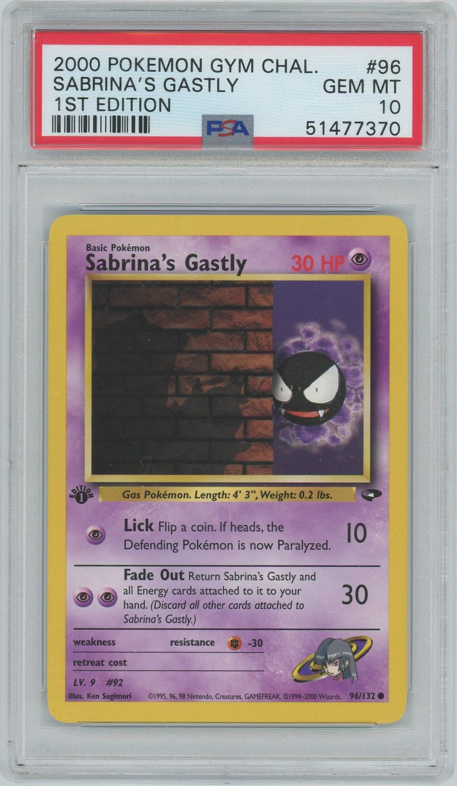 PSA Gem Mint 10 - 2000 Pokémon - Gym Challenge - Sabrina's Gastly -1st Edition