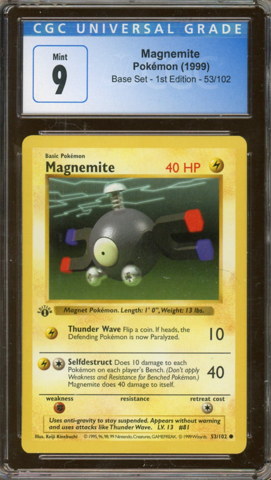 CGC Mint 9 - 1999 Pokémon - Base Set - Magnemite 1st Edition Shadowless
