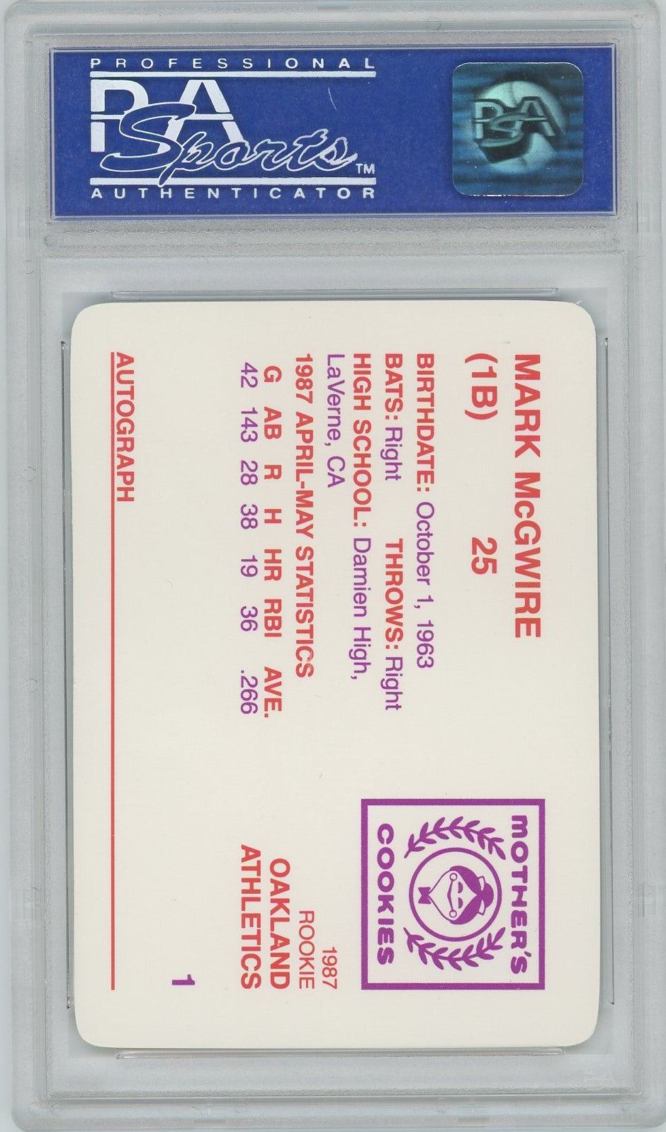 PSA 10 - 1987 Mother's Cookies Portrait - Mark McGwire
