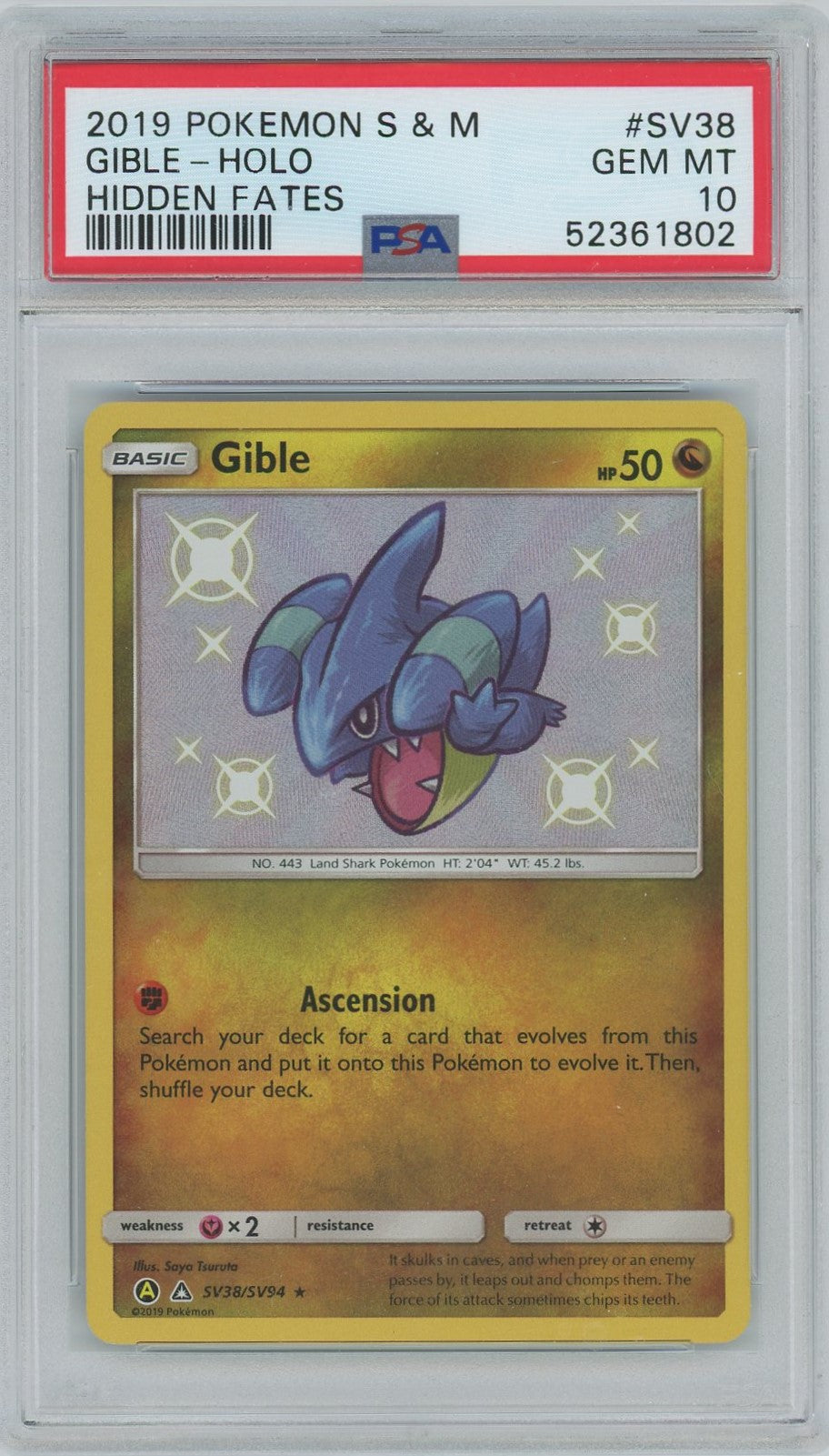 PSA 10 - 2019 Pokemon - Sun & Moon - Hidden Fates - Gible - Holo ...