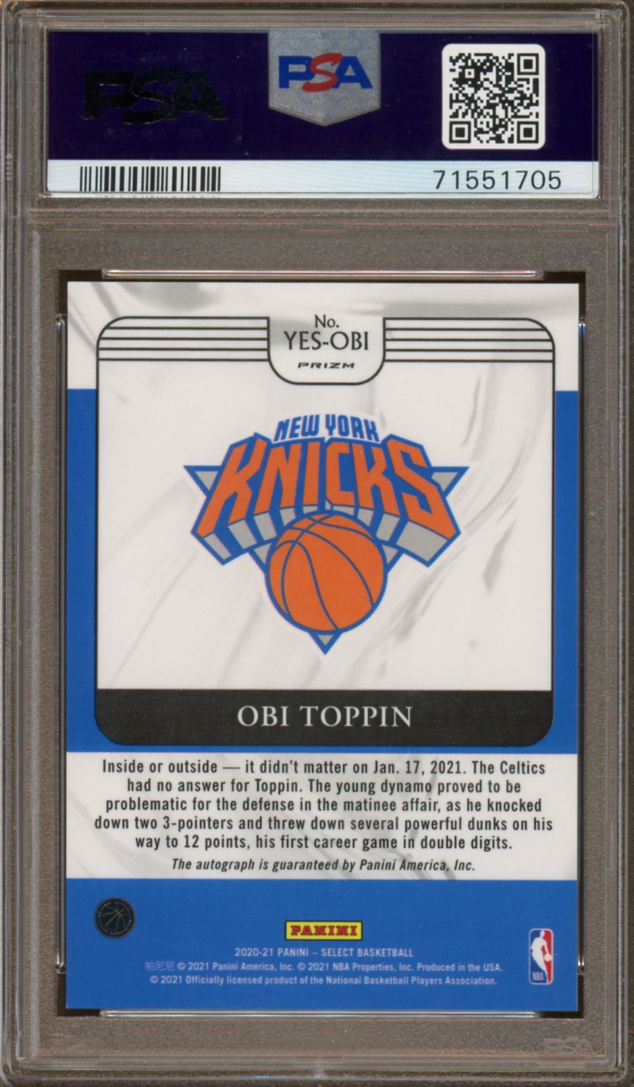 PSA 9 - 2020 Panini Select - Obi Toppin - Youth Explosion Signature